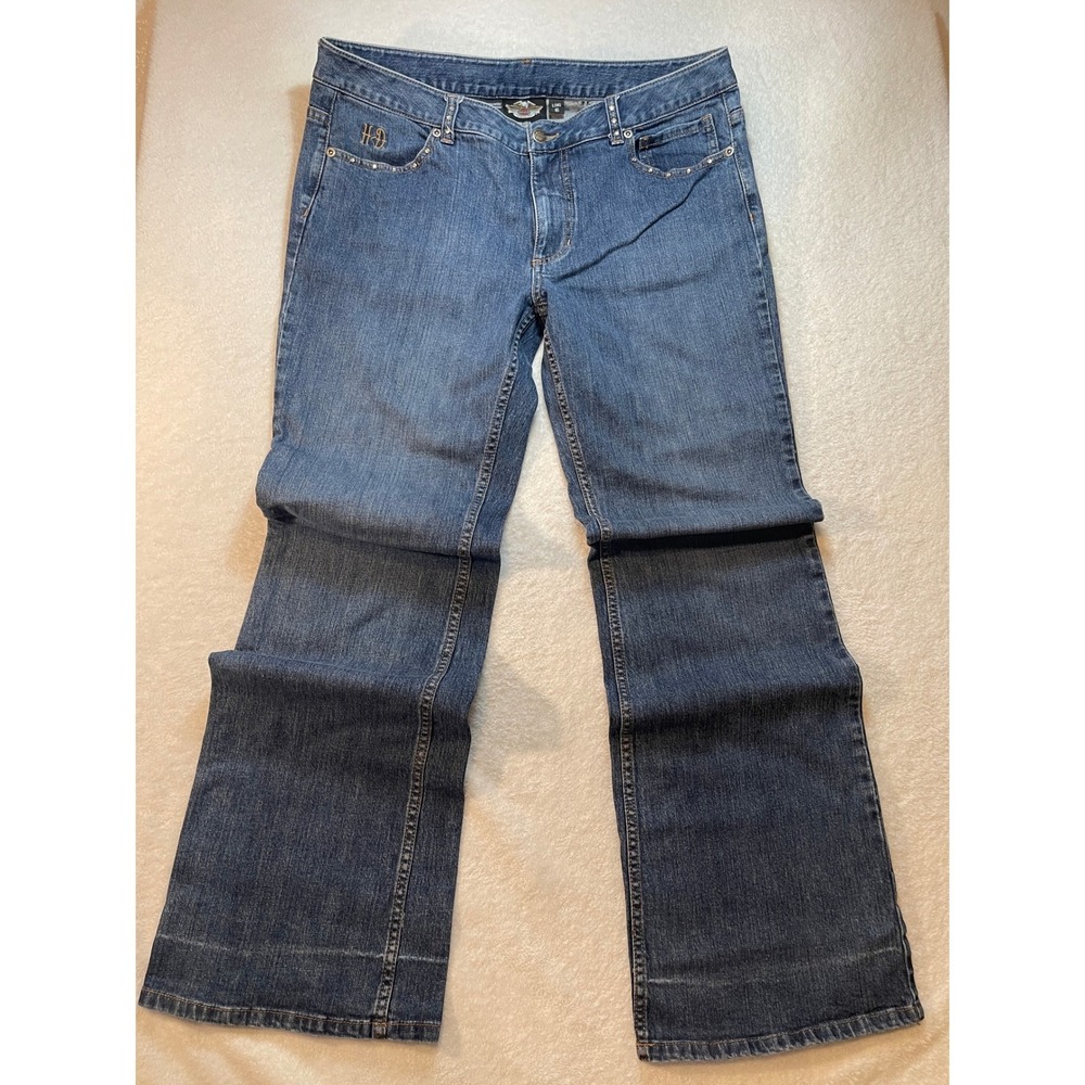 Harley-Davidson Womens Bootcut Jeans Blue Rhinestone Logo Long Size 16 Stretch